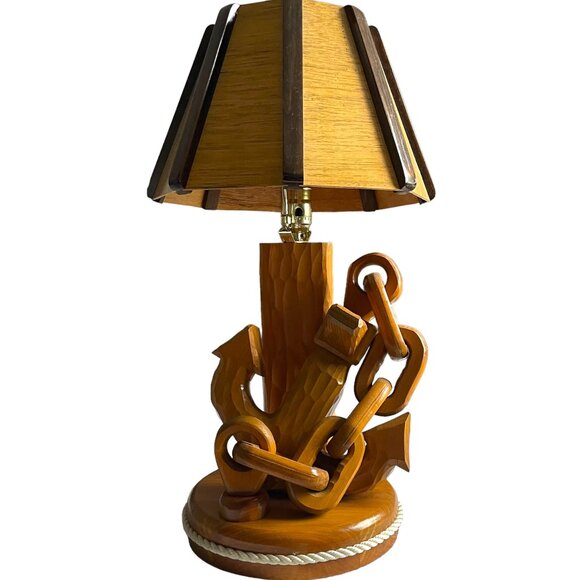 Vintage Maine State Prison Hand Carved Wood Nautical Table Lamp Anchor Folk Art